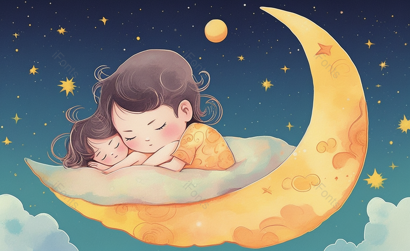 月亮船上母女睡觉母亲节手绘插画场景,插画/手绘图,插画/手绘图库,插画/手绘图下载,插画/手绘